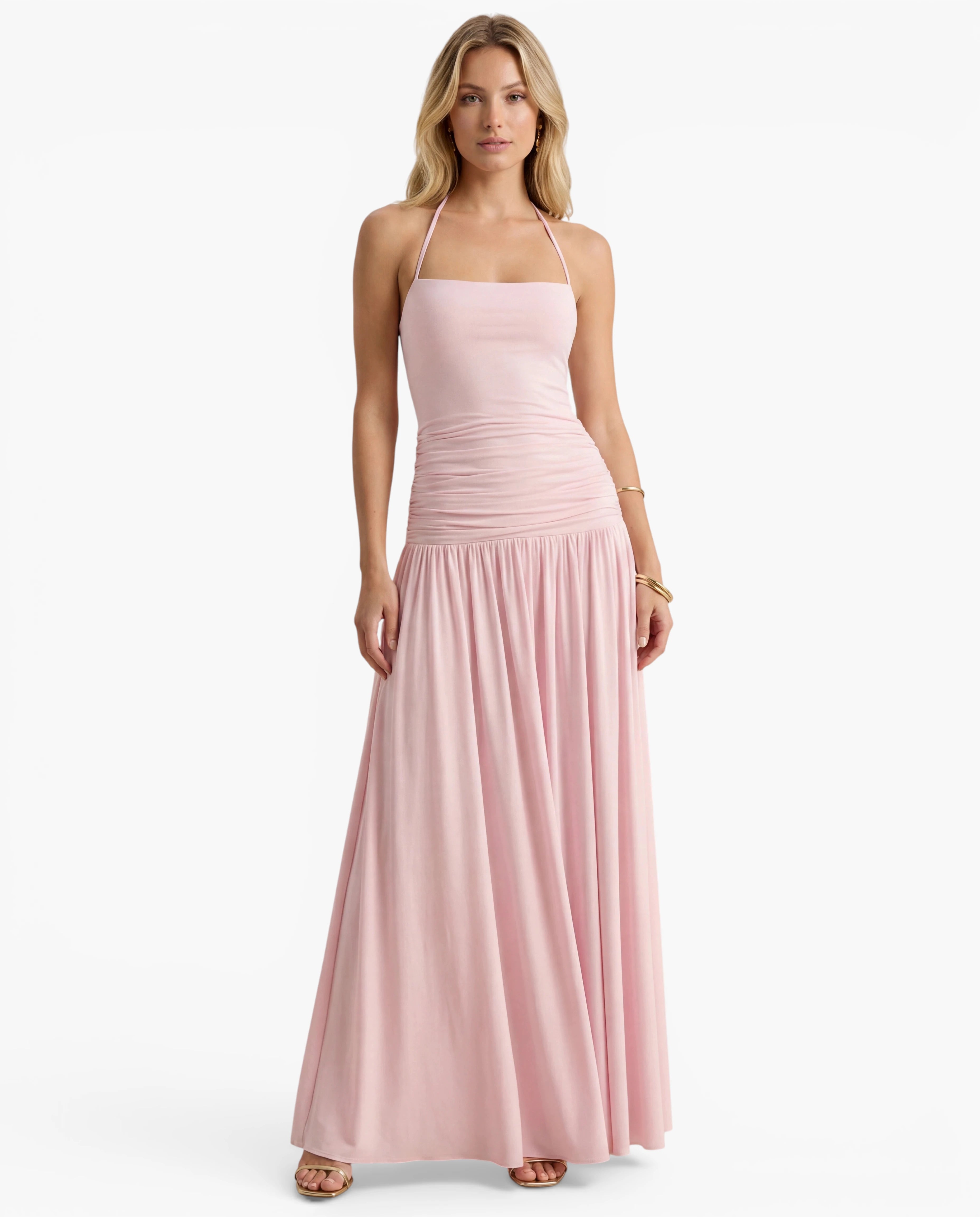 Halter Neck Ruched Maxi Dress